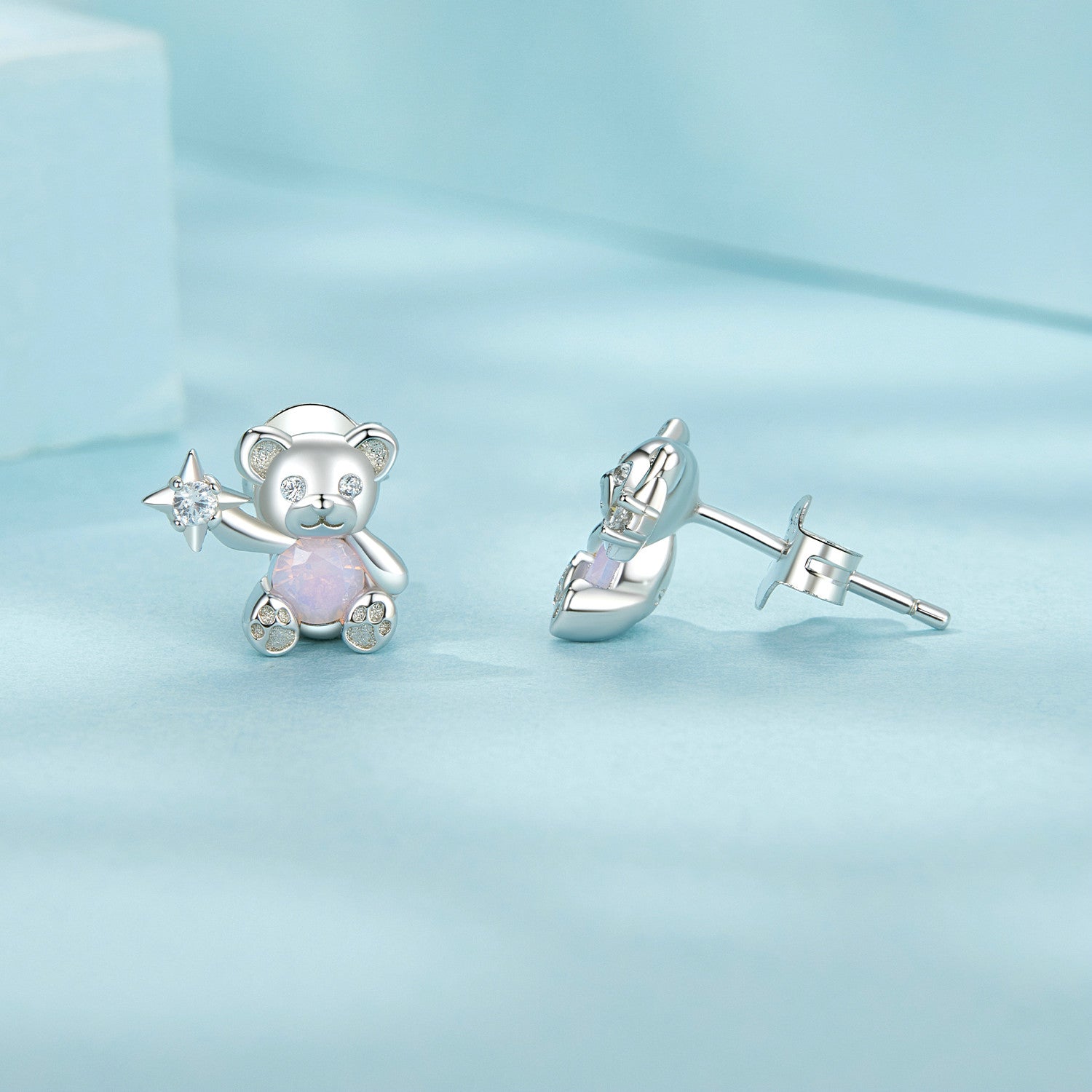 Silver Earrings Little Bear Pink Heart CZ Stud Earrings For Sale - sursenso Earring