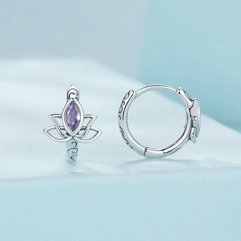Silver Earrings Lotus Purple CZ Hoop Earrings For Sale - sursenso Earring
