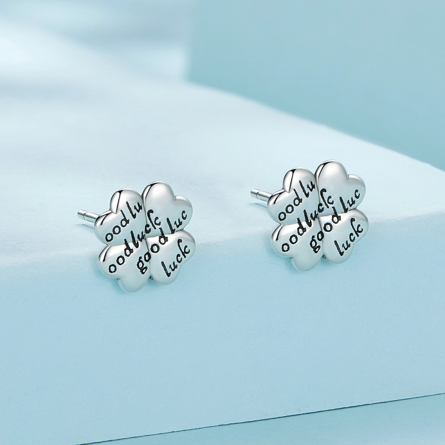 Silver Earrings Lucky Four Leaf Clover Text Stud Earrings For Sale - sursenso Earring