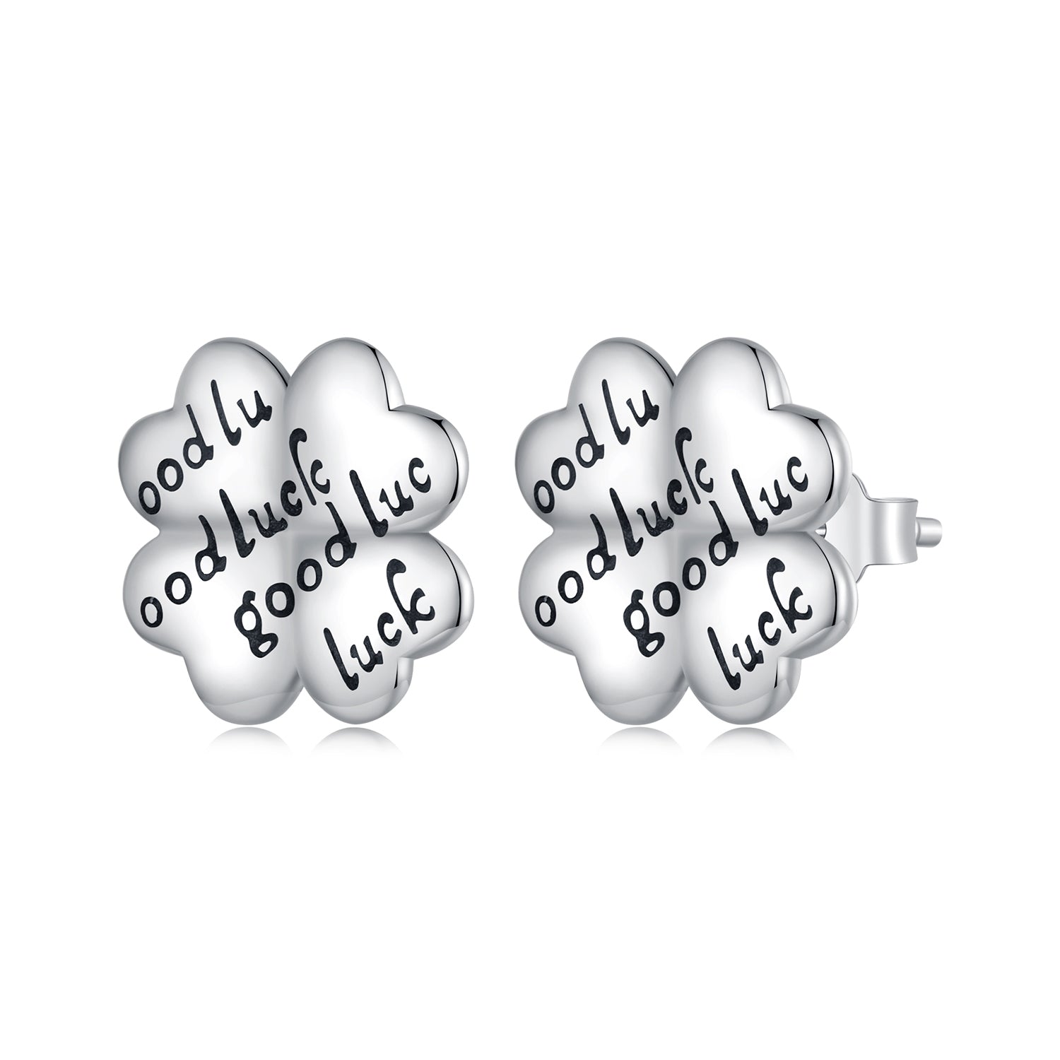 Silver Earrings Lucky Four Leaf Clover Text Stud Earrings For Sale - sursenso Earring