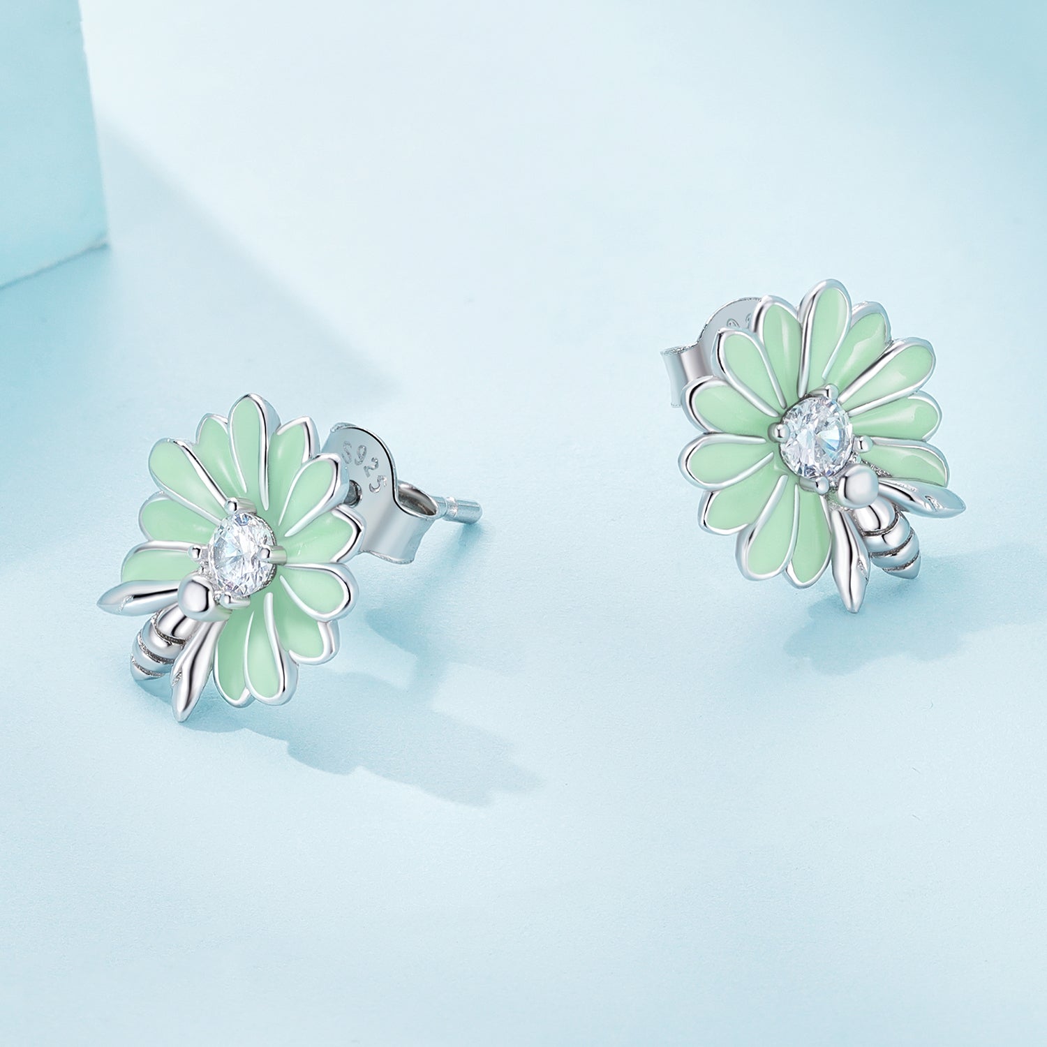 Silver Earrings Pale Green Daisy Bee CZ Stud Earrings For Sale - sursenso Earring