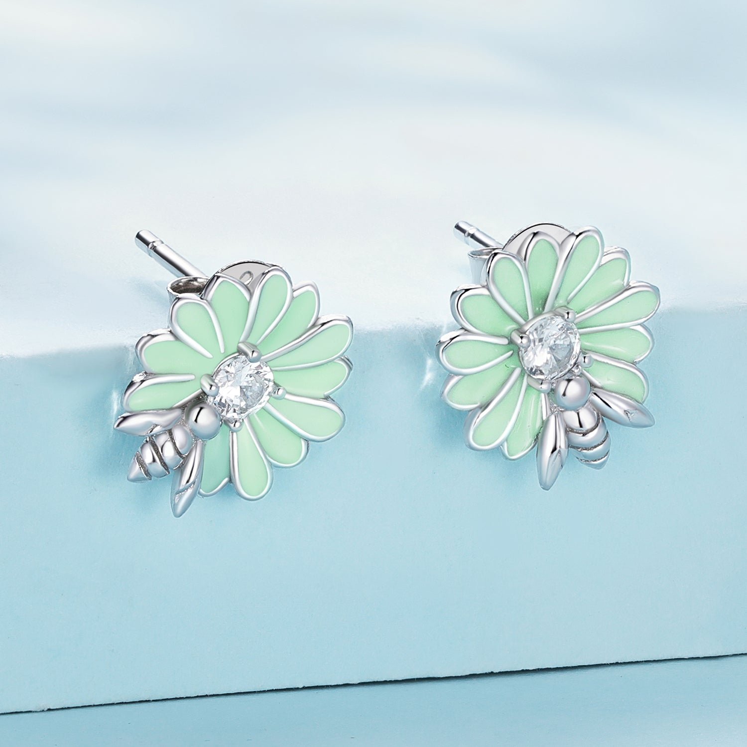 Silver Earrings Pale Green Daisy Bee CZ Stud Earrings For Sale - sursenso Earring