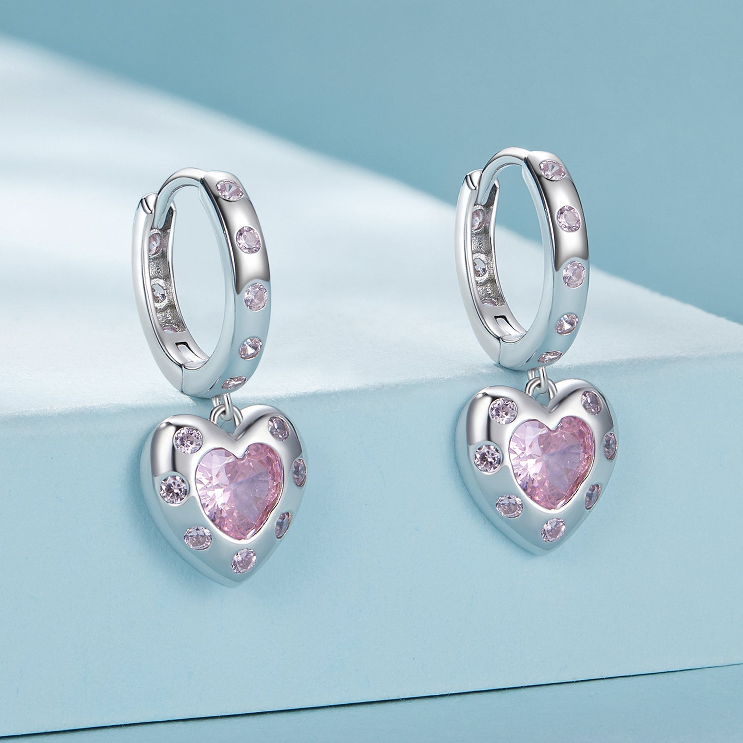 Silver Earrings Pink Heart Pendant Drop CZ Hoop Earrings For Sale - sursenso Earring