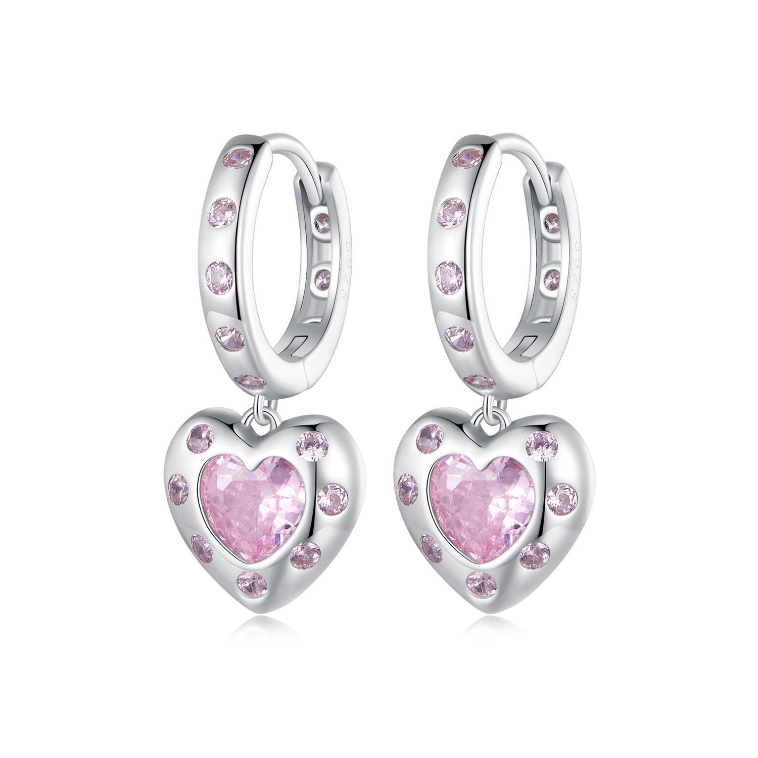 Silver Earrings Pink Heart Pendant Drop CZ Hoop Earrings For Sale - sursenso Earring