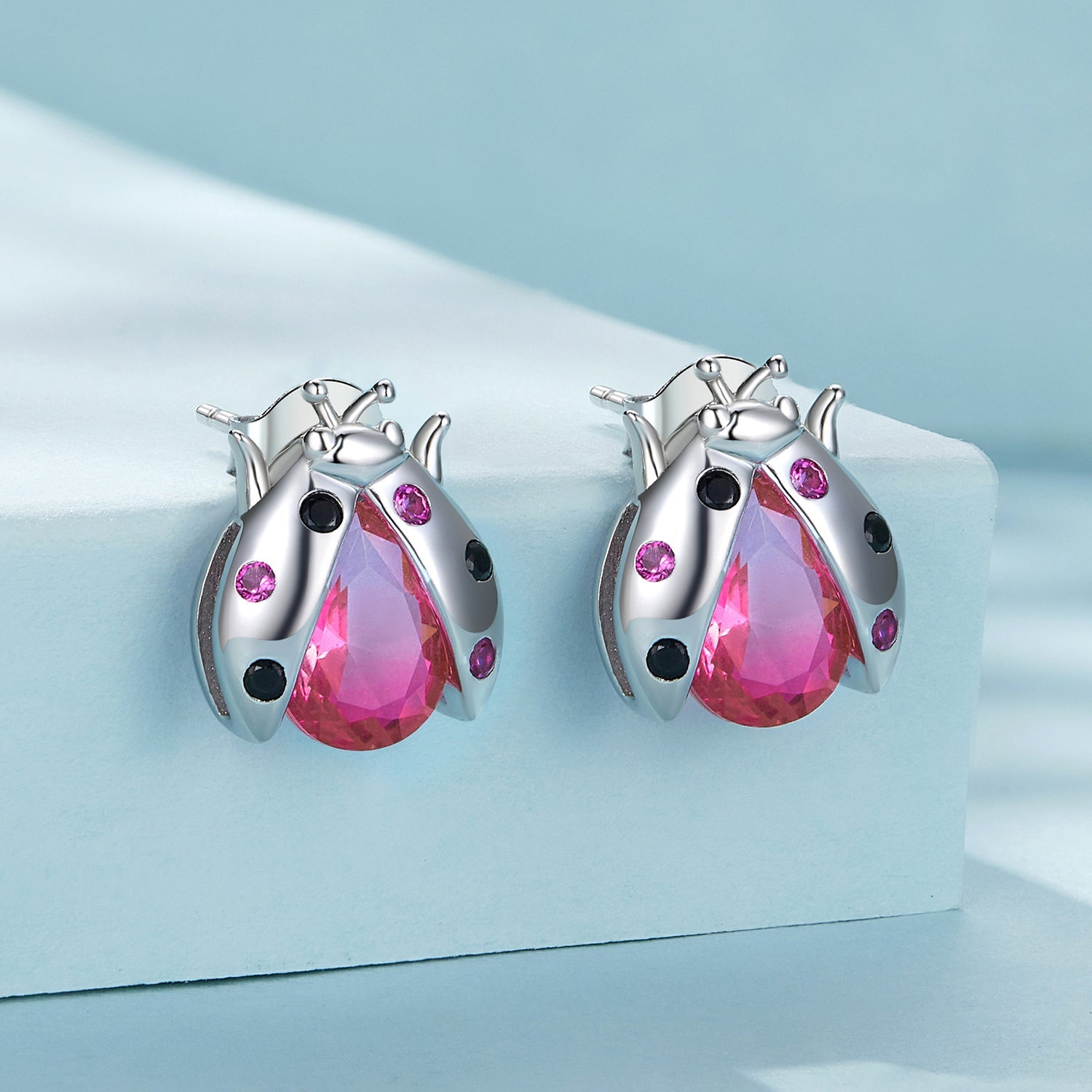 Silver Earrings Pink Ladybug CZ Stud Earrings For Sale - sursenso Earring