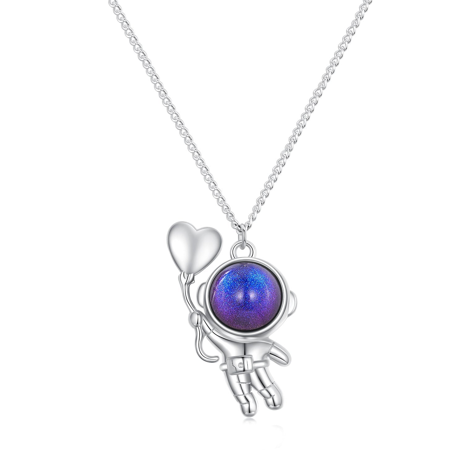 Silver Necklace Balloon of Love Astronaut Pendant Necklace with Lobster Clasp For Sale - sursenso Necklaces