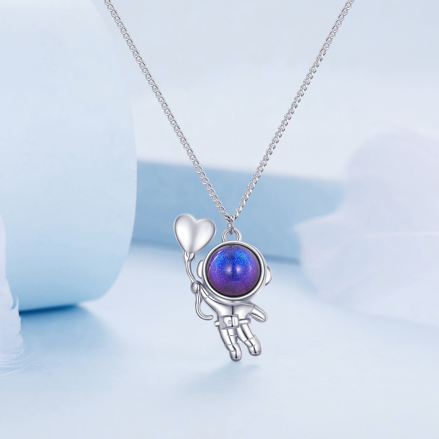Silver Necklace Balloon of Love Astronaut Pendant Necklace with Lobster Clasp For Sale - sursenso Necklaces