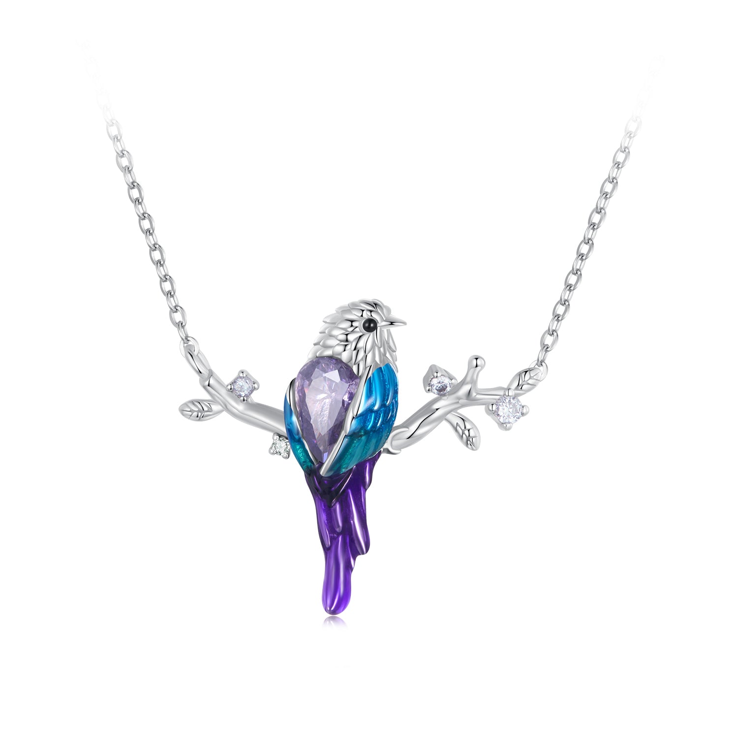 Silver Necklace Blue Bird CZ Heart with Lobster Clasp For Sale - sursenso Necklaces