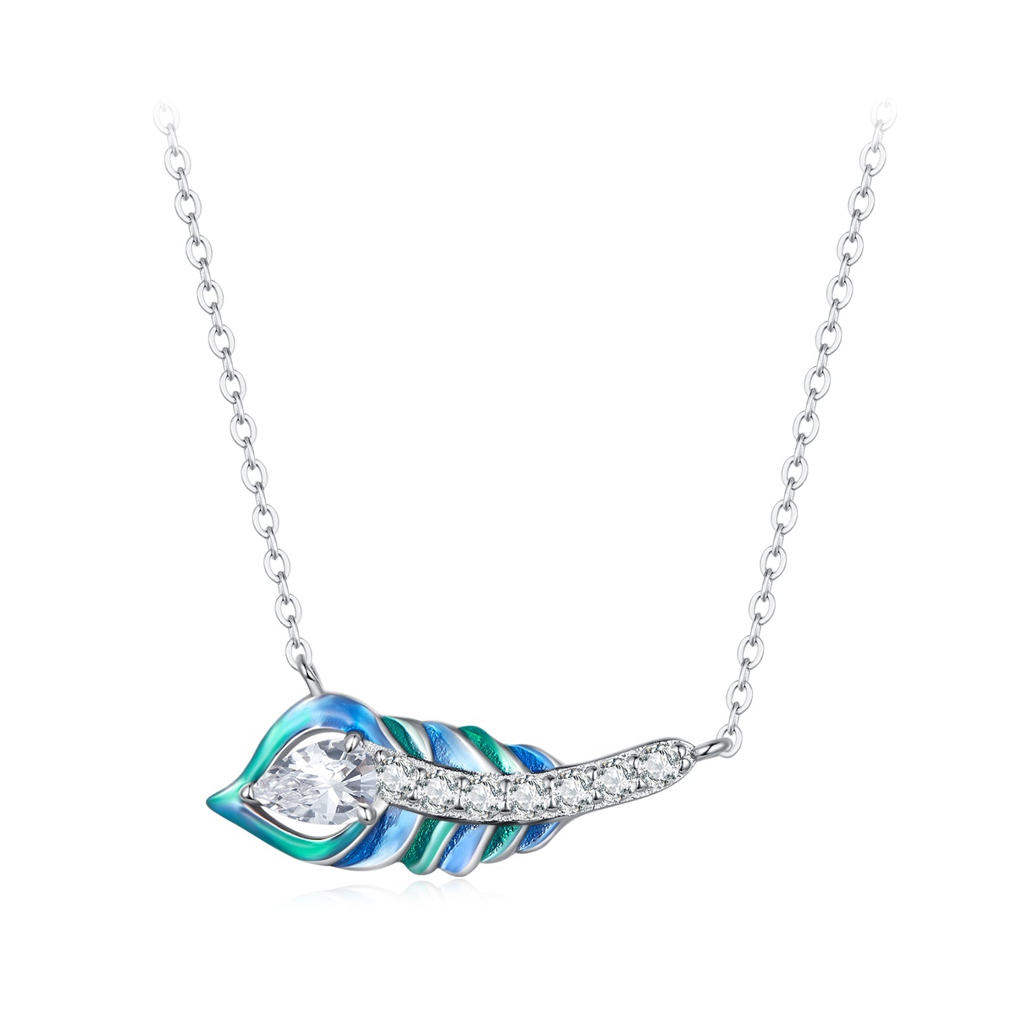 Silver Necklace Blue Feather Pendant with Lobster Clasp For Sale - sursenso Necklaces
