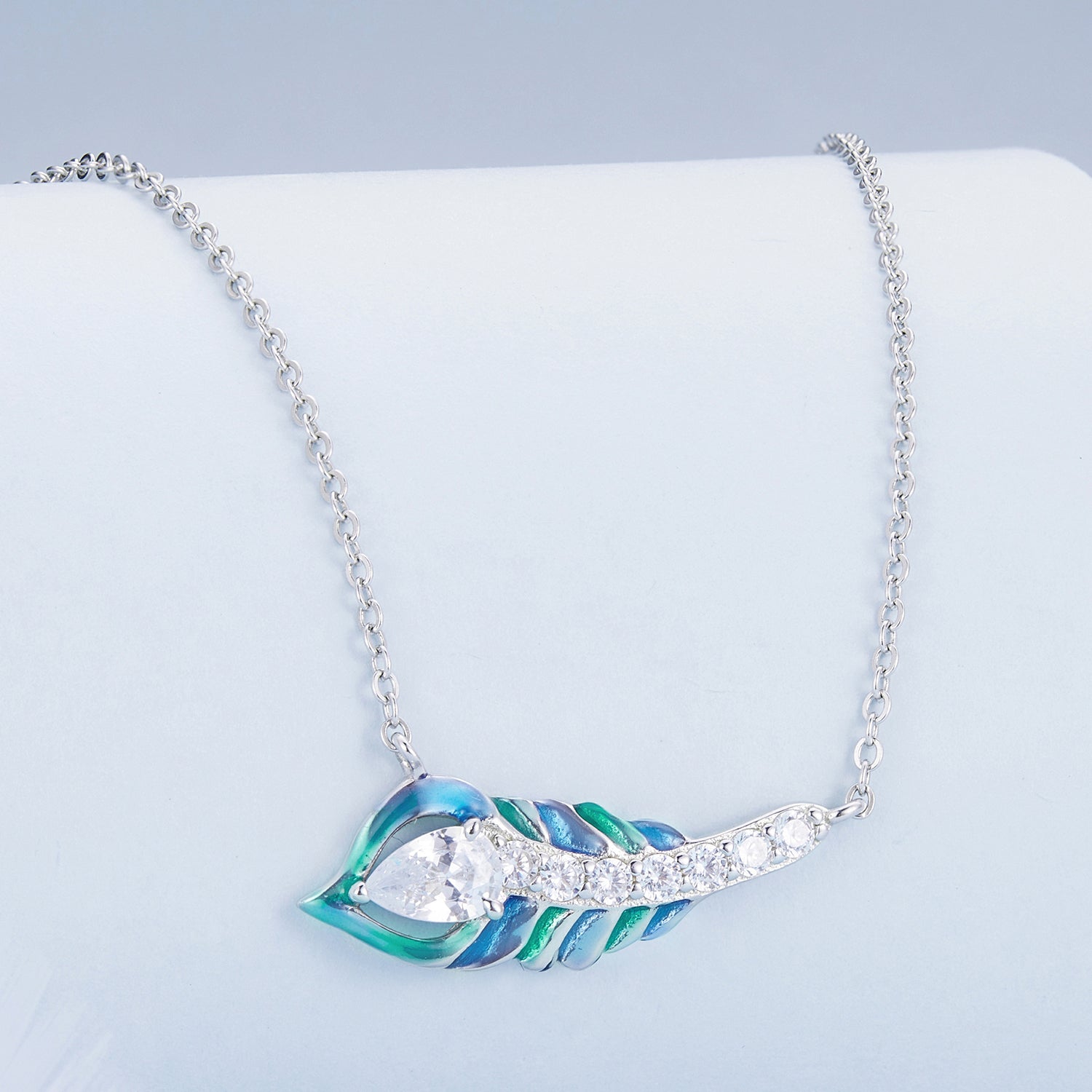 Silver Necklace Blue Feather Pendant with Lobster Clasp For Sale - sursenso Necklaces