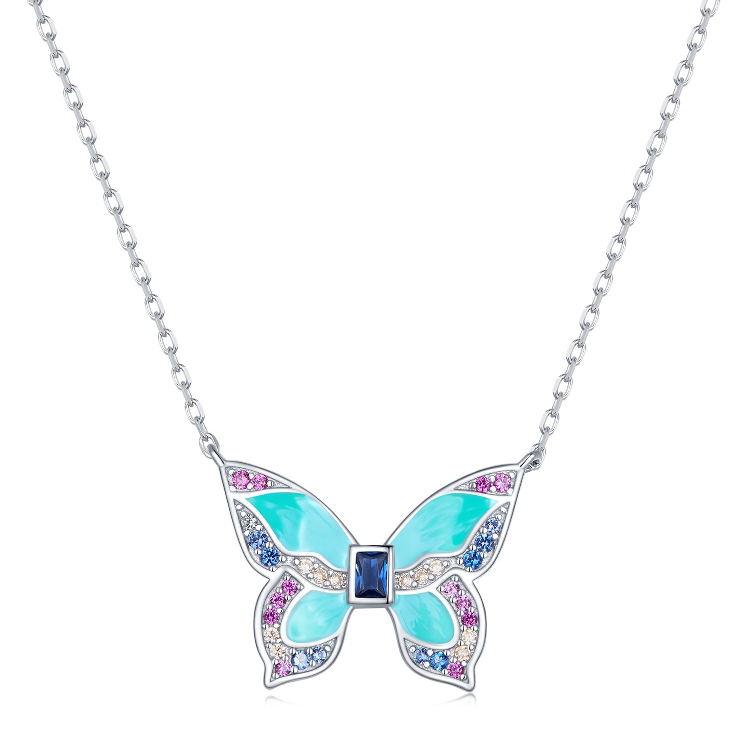 Silver Necklace Colorful Blue Mainstream Butterfly Pendant Necklace with Lobster Clasp For Sale - sursenso Necklaces