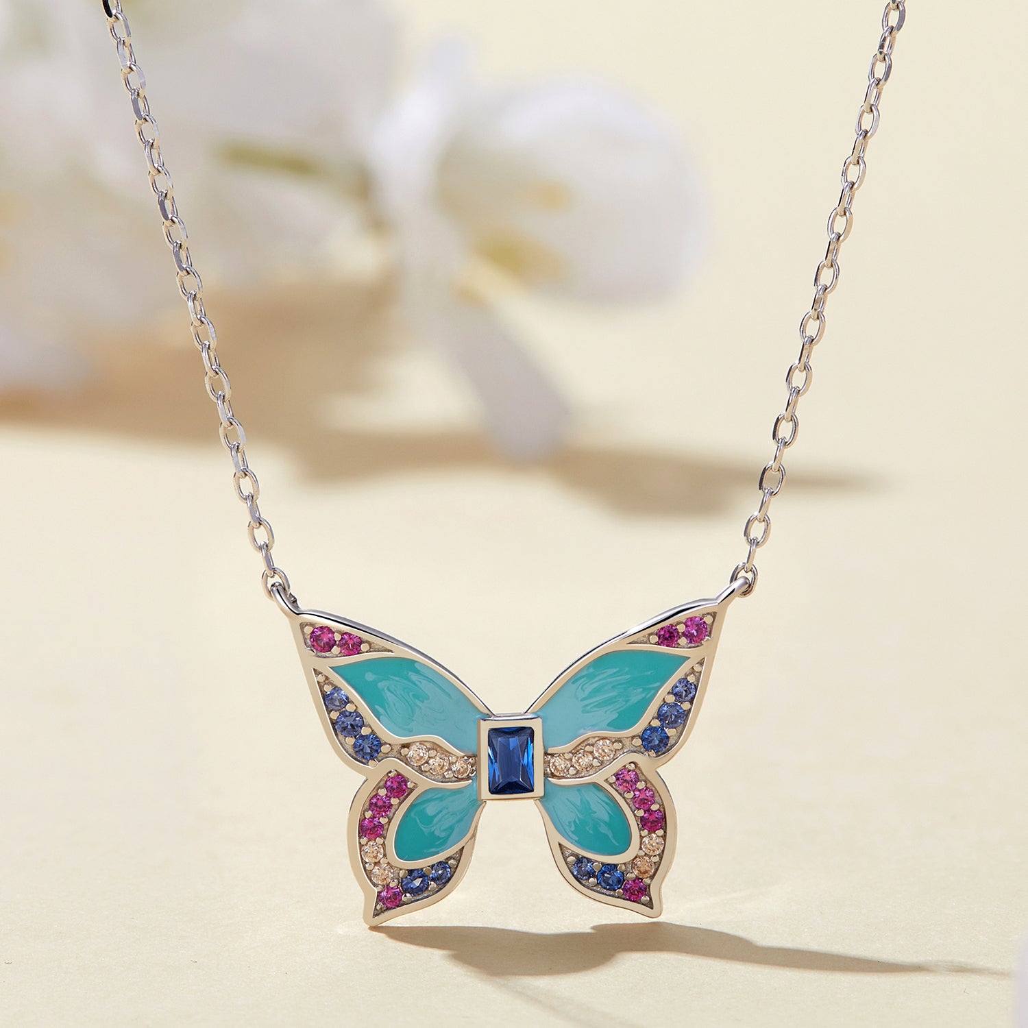 Silver Necklace Colorful Blue Mainstream Butterfly Pendant Necklace with Lobster Clasp For Sale - sursenso Necklaces