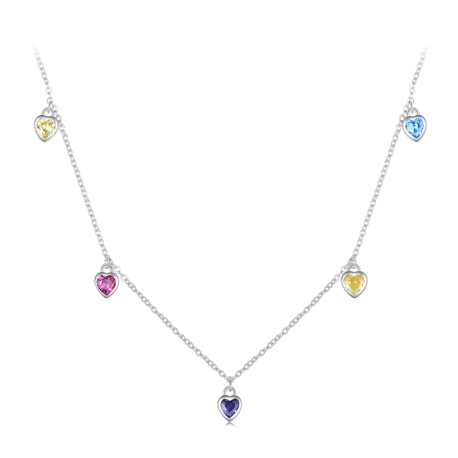 Silver Necklace Colorful Continuous CZ Heart with Lobster Clasp For Sale - sursenso Necklaces