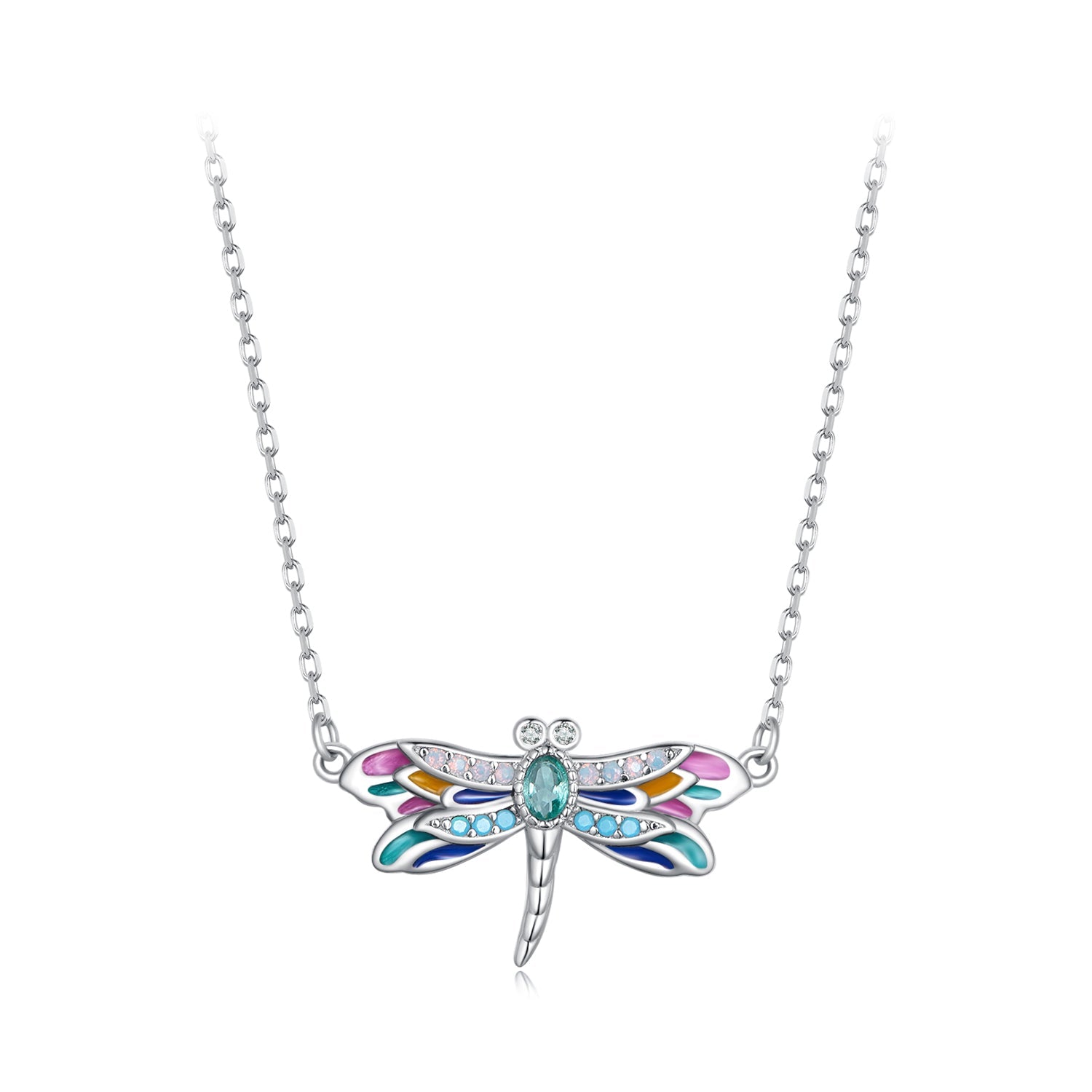 Sterling Silver Necklace Colorful Dragonfly Pendant with Lobster