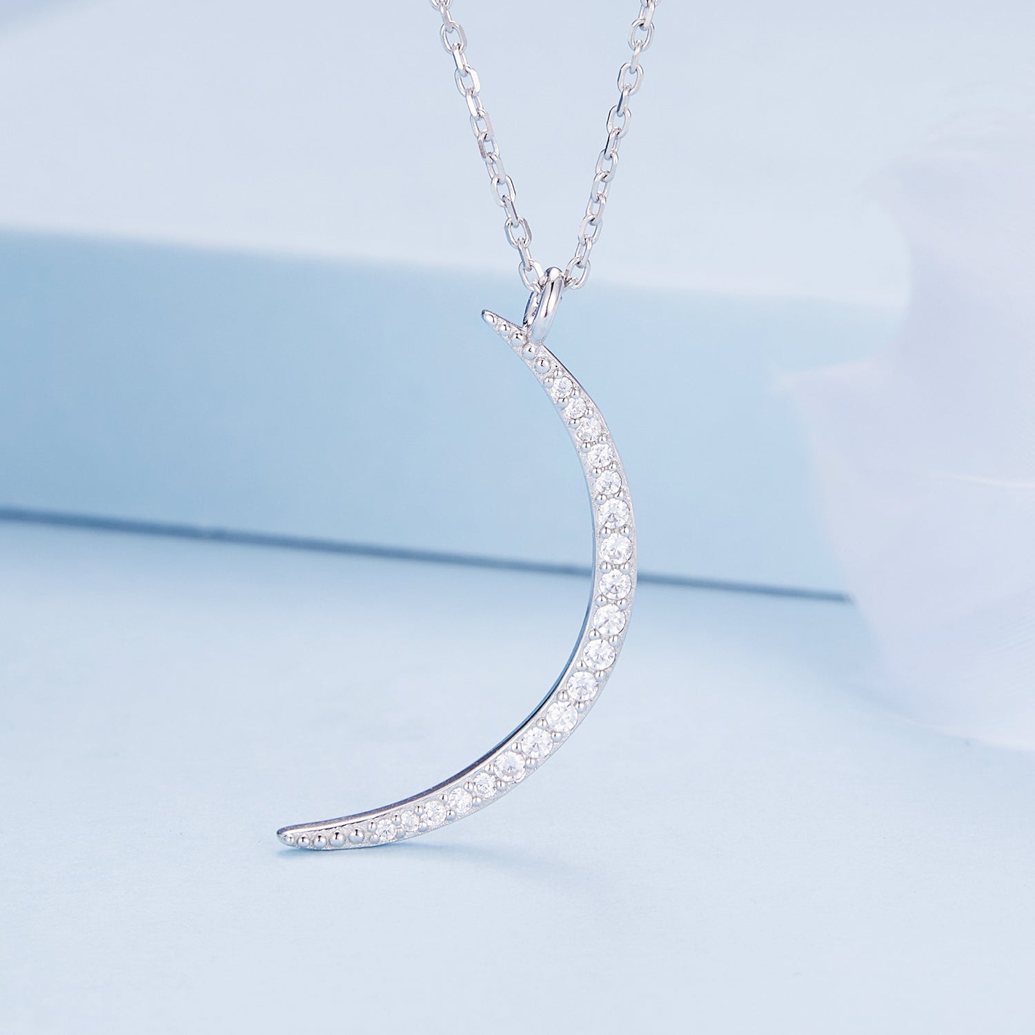 Silver Necklace Crescent Moon CZ Pendant with Lobster Clasp Adjustable For Sale - sursenso Necklaces