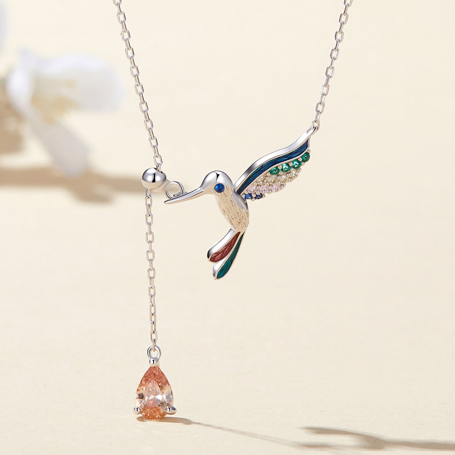 Silver Necklace Cute Hummingbird CZ Pendant Necklace with Lobster Clasp For Sale - sursenso Necklaces