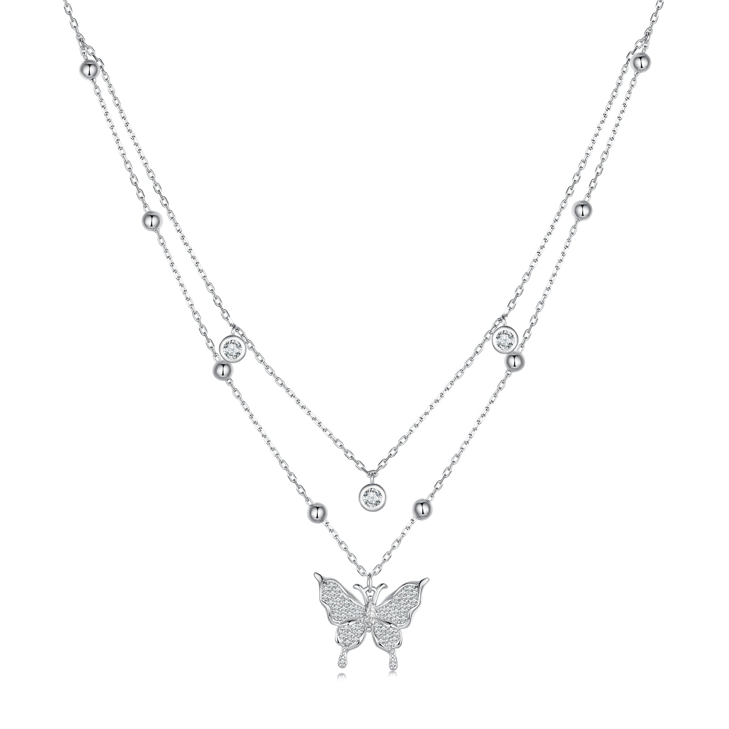 Silver Necklace Double Tassel Butterfly Pendant with Lobster Clasp For Sale - sursenso Necklaces