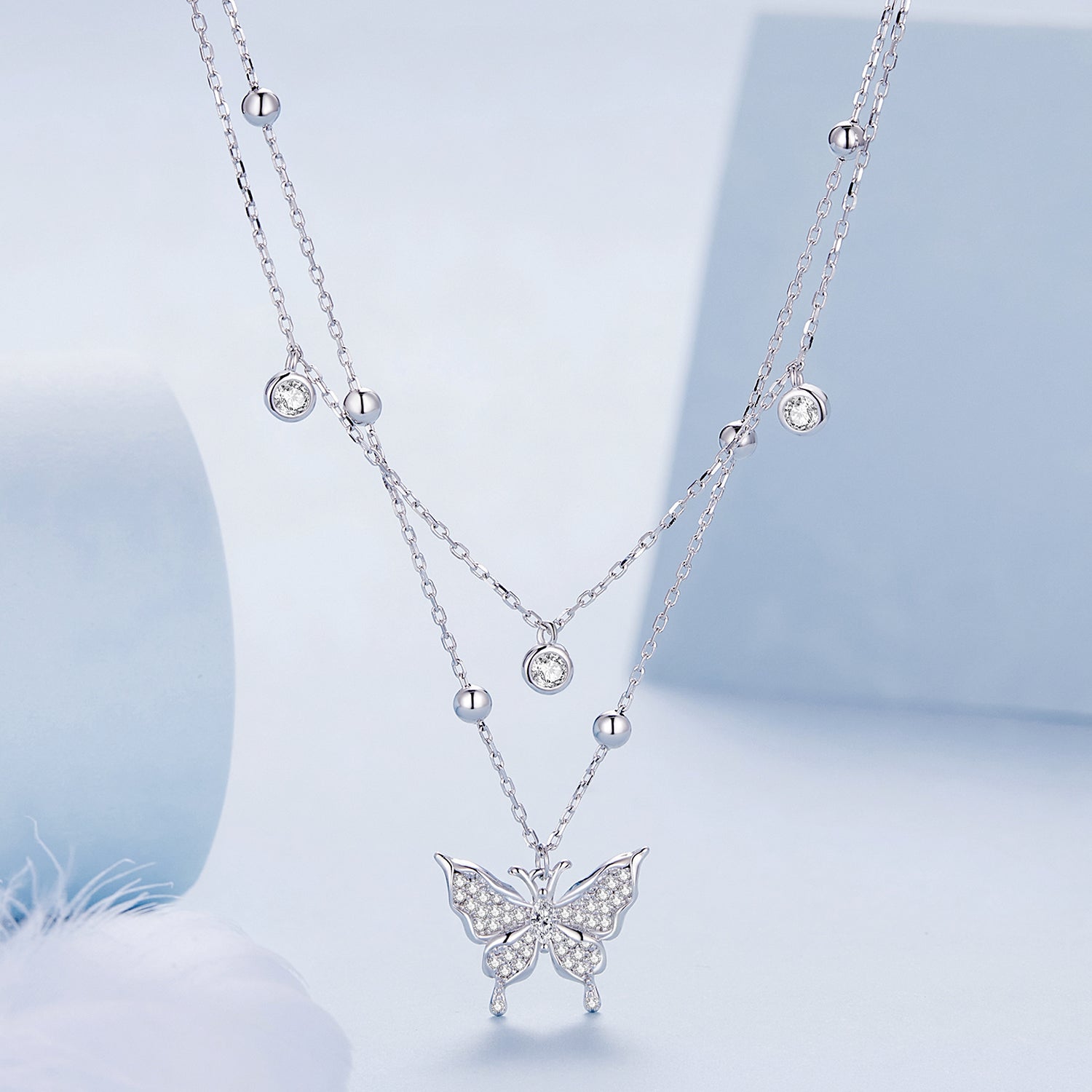 Silver Necklace Double Tassel Butterfly Pendant with Lobster Clasp For Sale - sursenso Necklaces