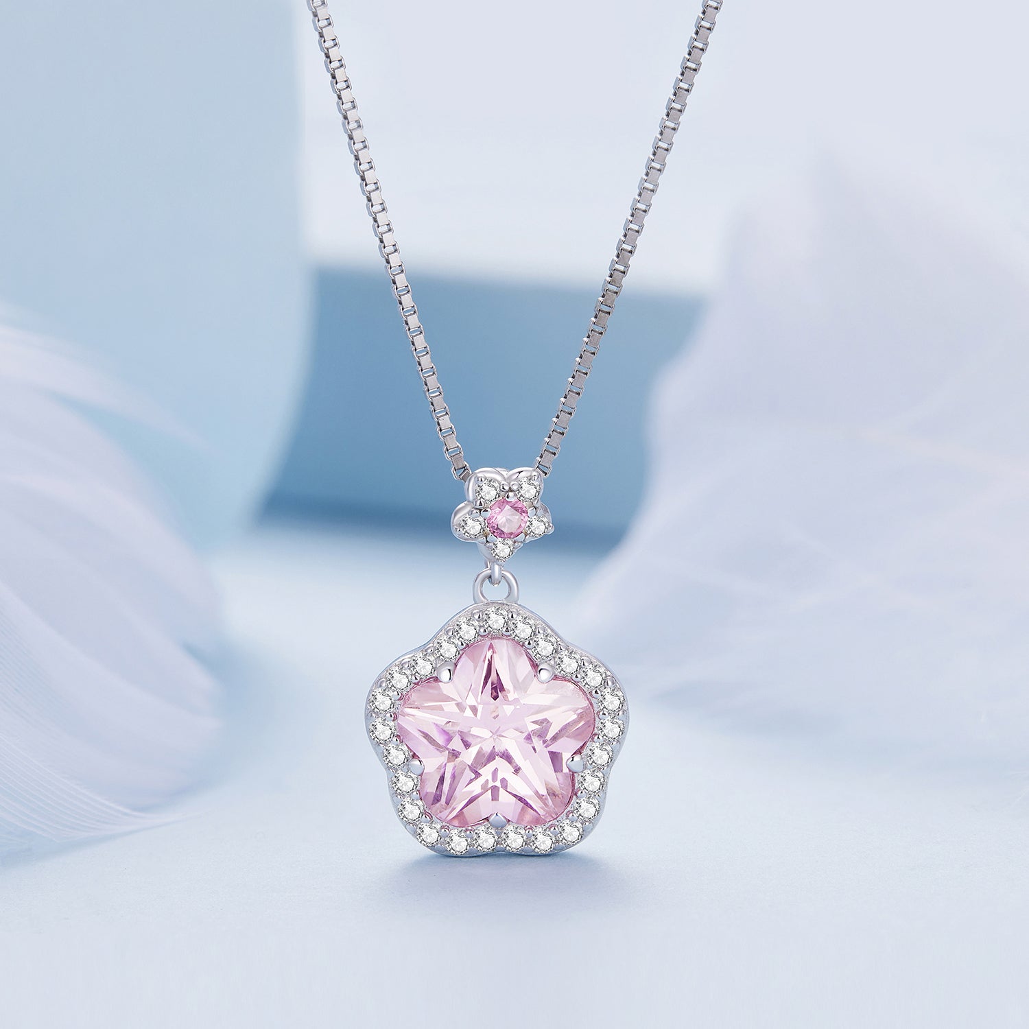 Silver Necklace Fresh Little Red Flower CZ Pendant with Lobster Clasp For Sale - sursenso Necklaces