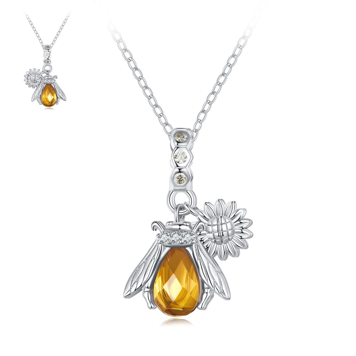 Silver Necklace Honeybee Daisy CZ Pendant with Lobster Clasp For Sale - sursenso Necklaces