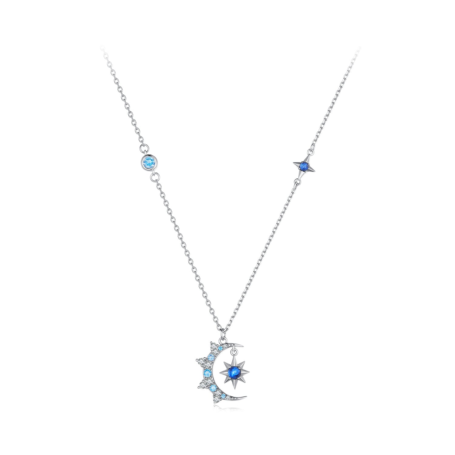 Silver Necklace Moon and Star Burst Pendant with Lobster Clasp For Sale - sursenso Necklaces
