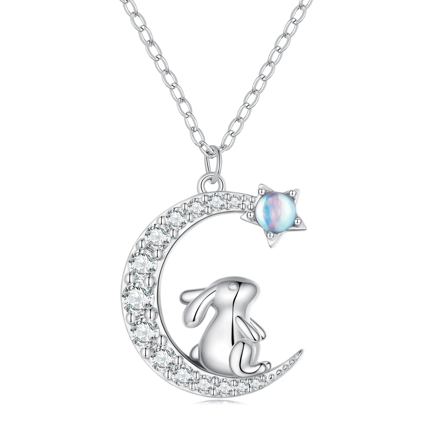 Silver Necklace Moon Rabbit Pendant with Lobster Clasp Adjustable For Sale - sursenso Necklaces