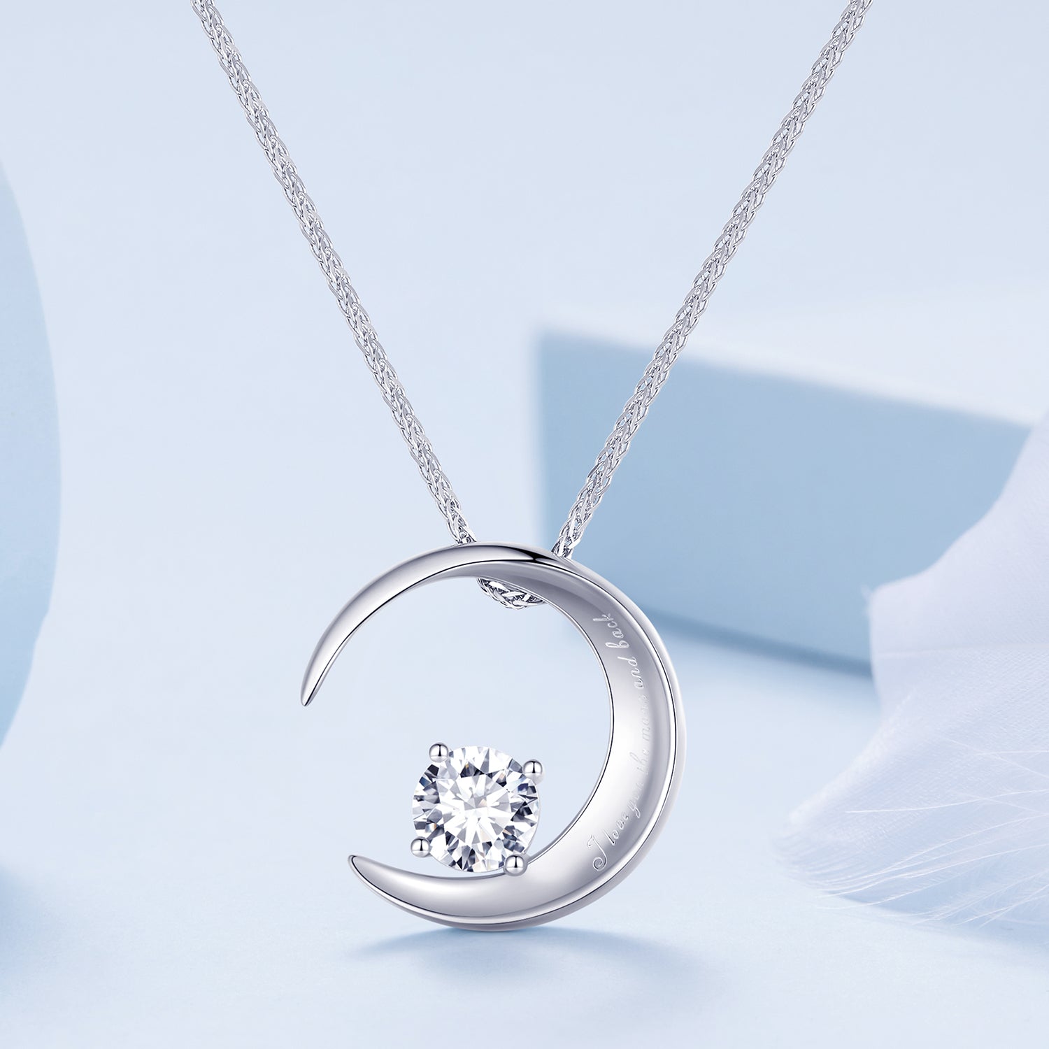 Silver Necklace Moon with CZ Pendant Necklace with Lobster Clasp For Sale - sursenso Necklaces