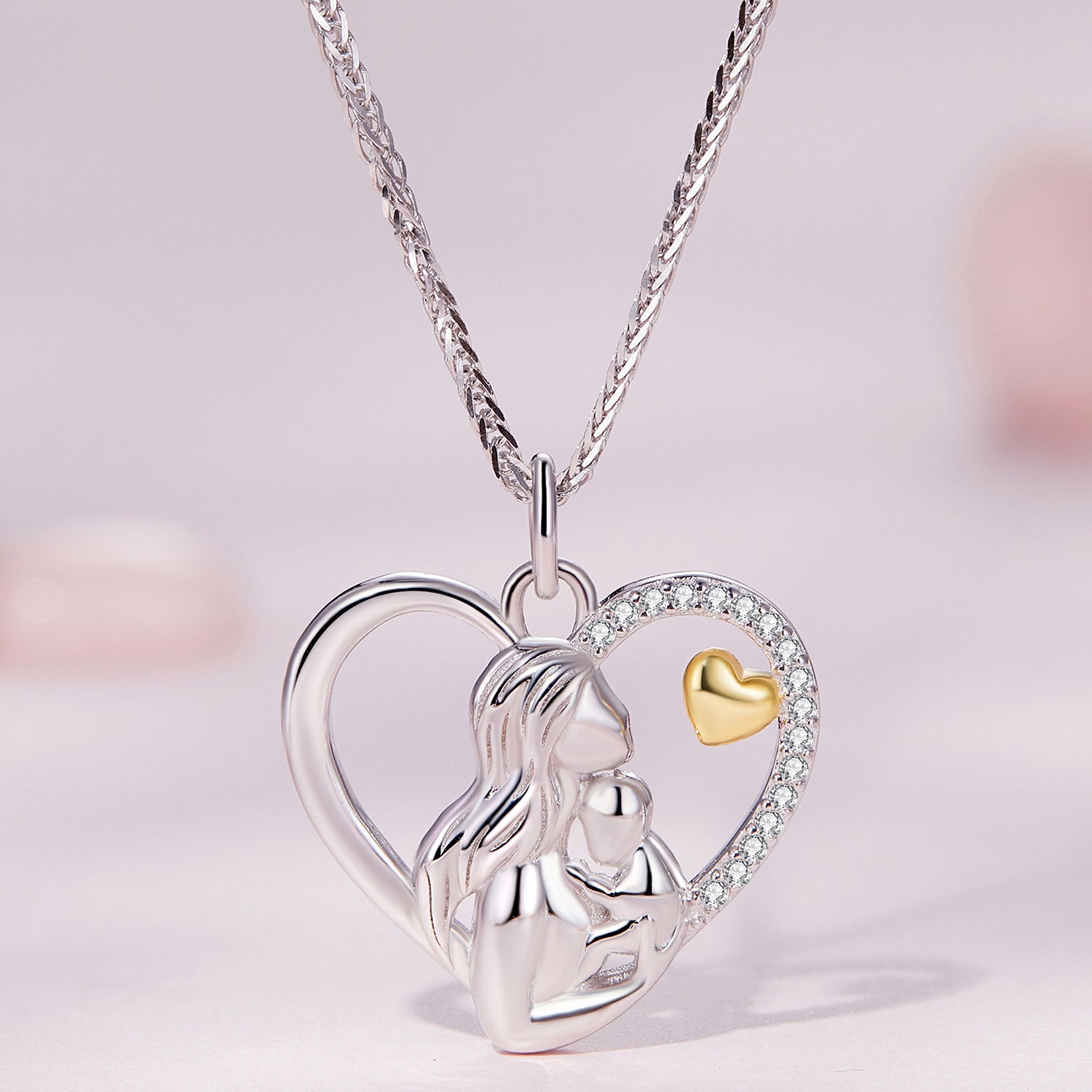 Silver Necklace Mother and Son Love Deeply CZ Pendant Necklace with Lobster Clasp For Sale - sursenso Necklaces