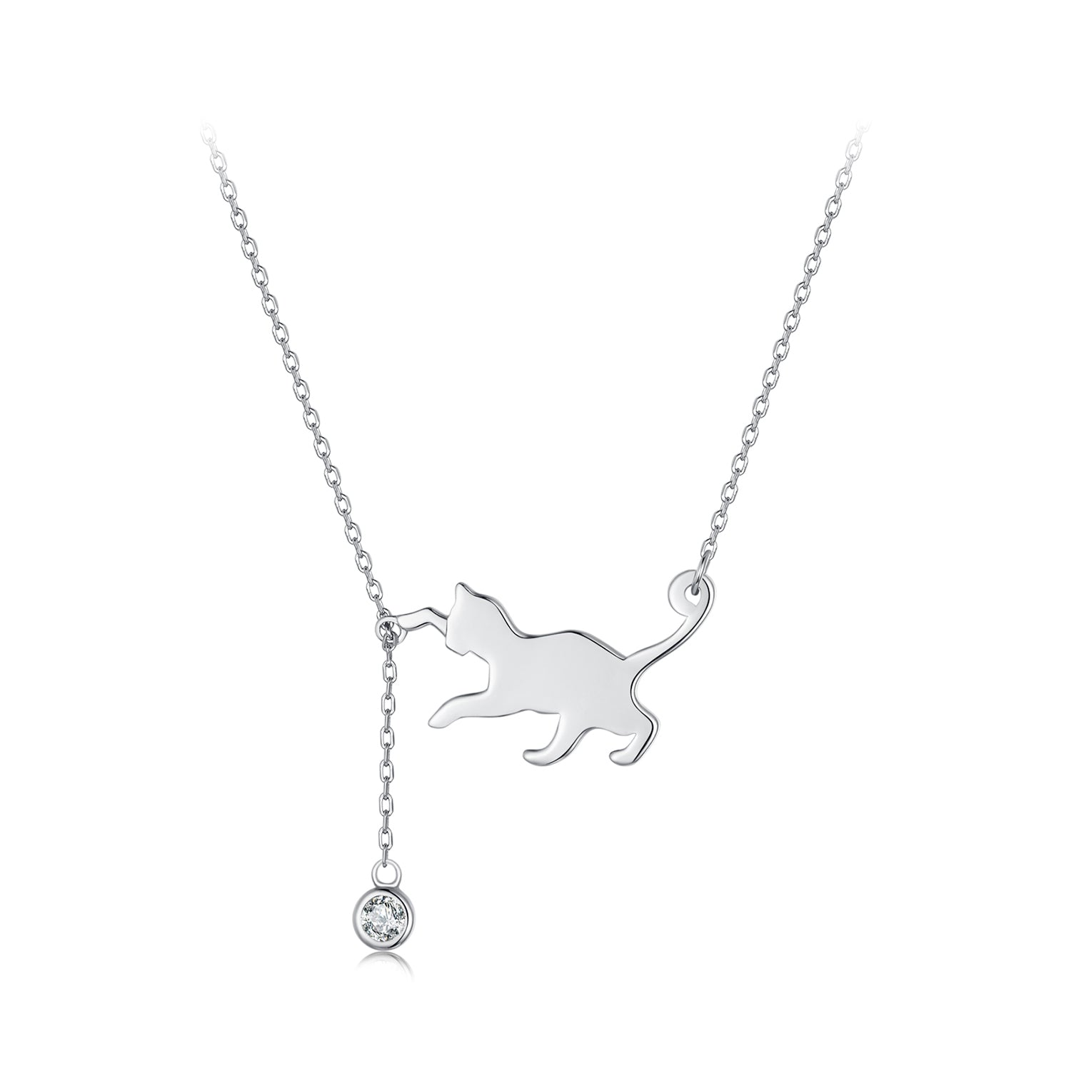 Silver Necklace Playful Cat Pendant CZ Necklace with Lobster Clasp For Sale - sursenso Necklaces