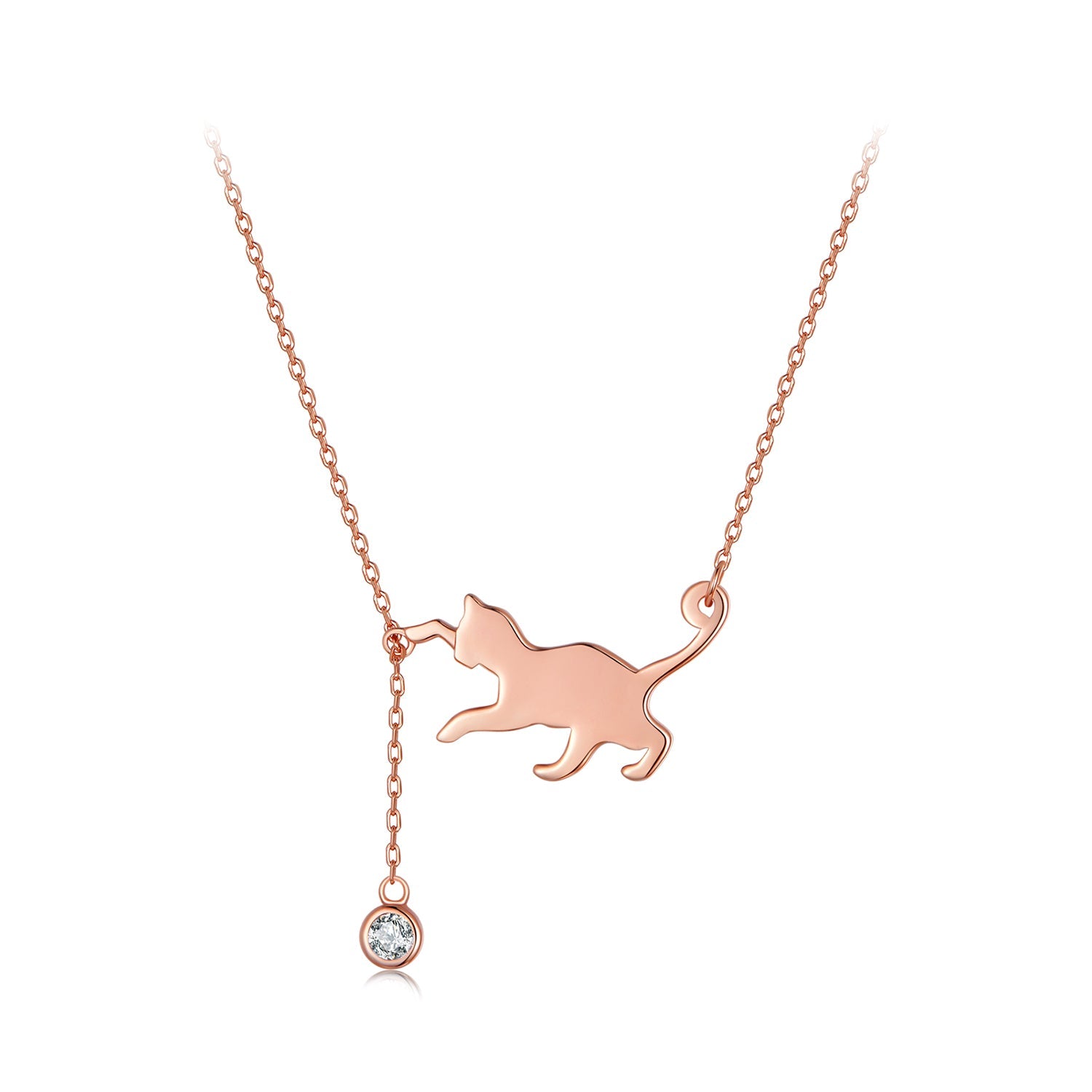 Silver Necklace Playful Cat Pendant CZ Necklace with Lobster Clasp For Sale - sursenso Necklaces