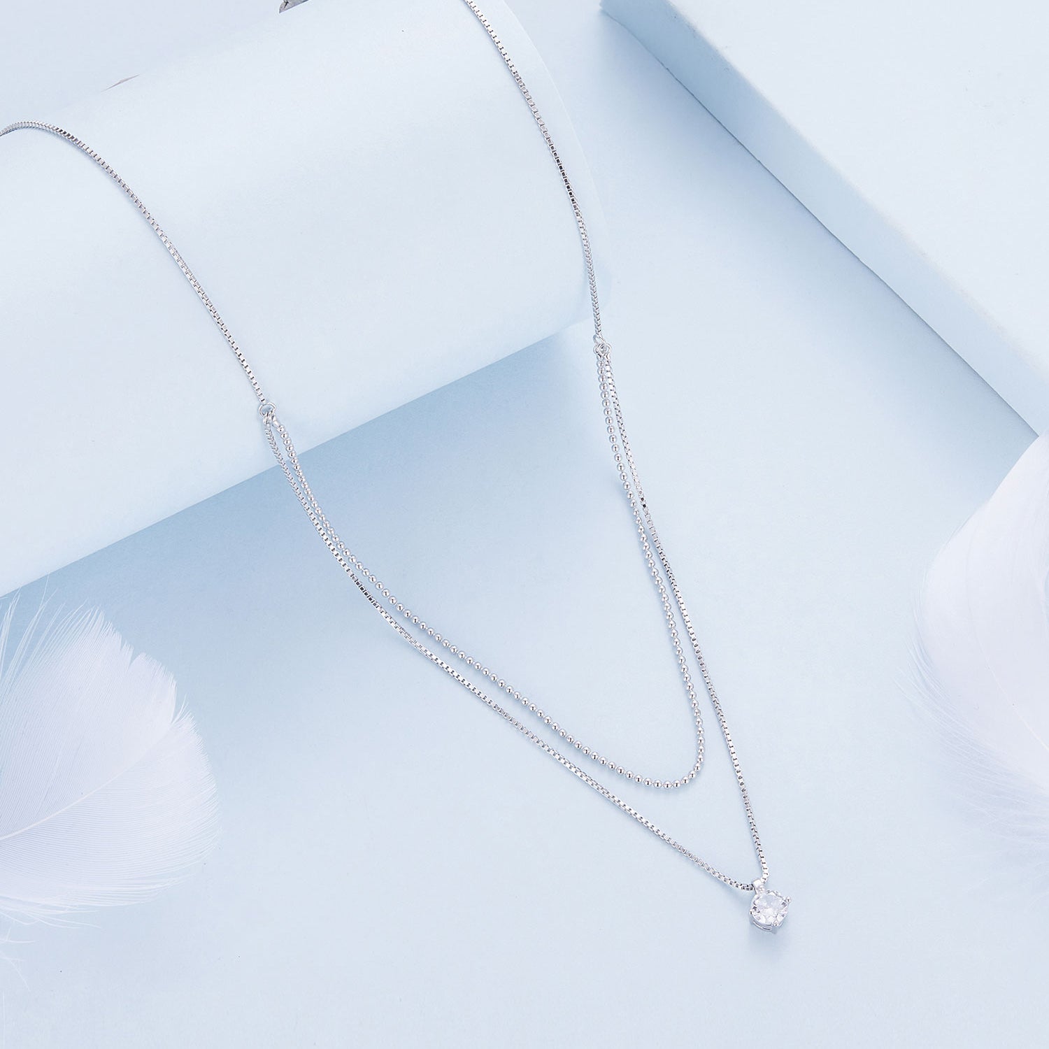 Silver Necklace Shining Double Layer CZ Pendant with Lobster Clasp For Sale - sursenso Necklaces