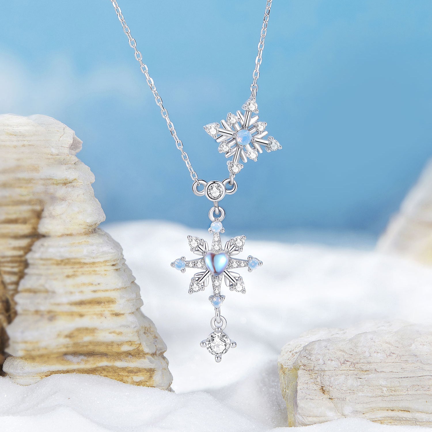 Silver Necklace Shining Snowflake CZ Pendant with Lobster Clasp For Sale - sursenso Necklaces