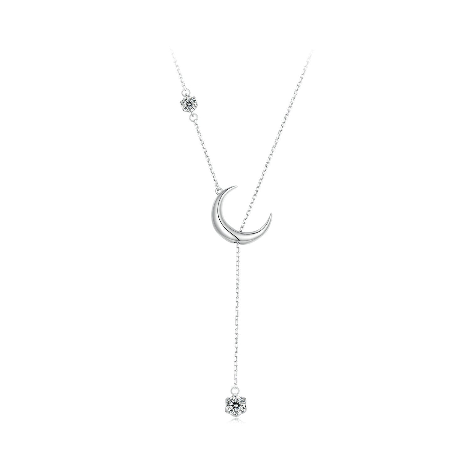Silver Necklace Y - ShapeMoon CZ Pendant with Lobster Clasp For Sale - sursenso Necklaces
