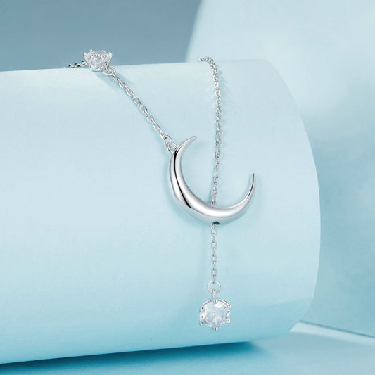 Silver Necklace Y - ShapeMoon CZ Pendant with Lobster Clasp For Sale - sursenso Necklaces