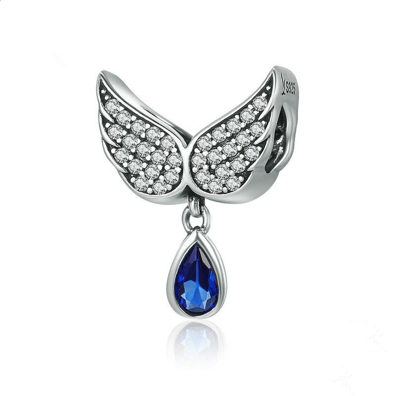 Silver Pendant Angel Wings Blue Teardrop CZ Dangle Charm For Sale - sursenso Pendant