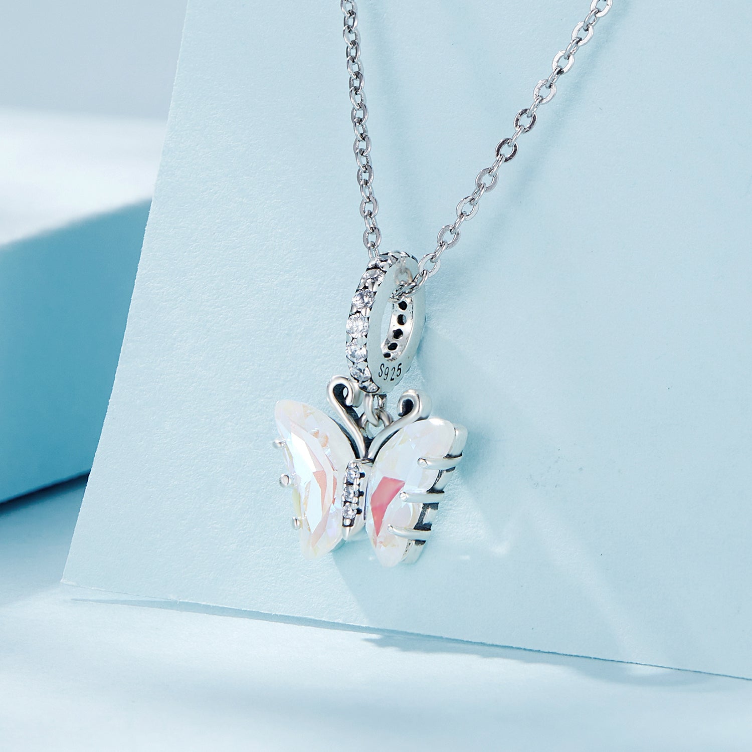 Silver Pendant Aurora Pink Butterfly CZ Dangle Charm For Sale - sursenso Pendant