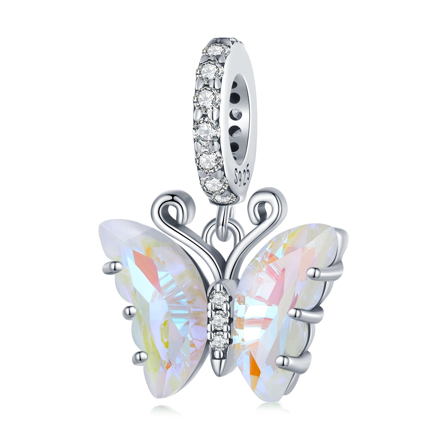 Silver Pendant Aurora Pink Butterfly CZ Dangle Charm For Sale - sursenso Pendant