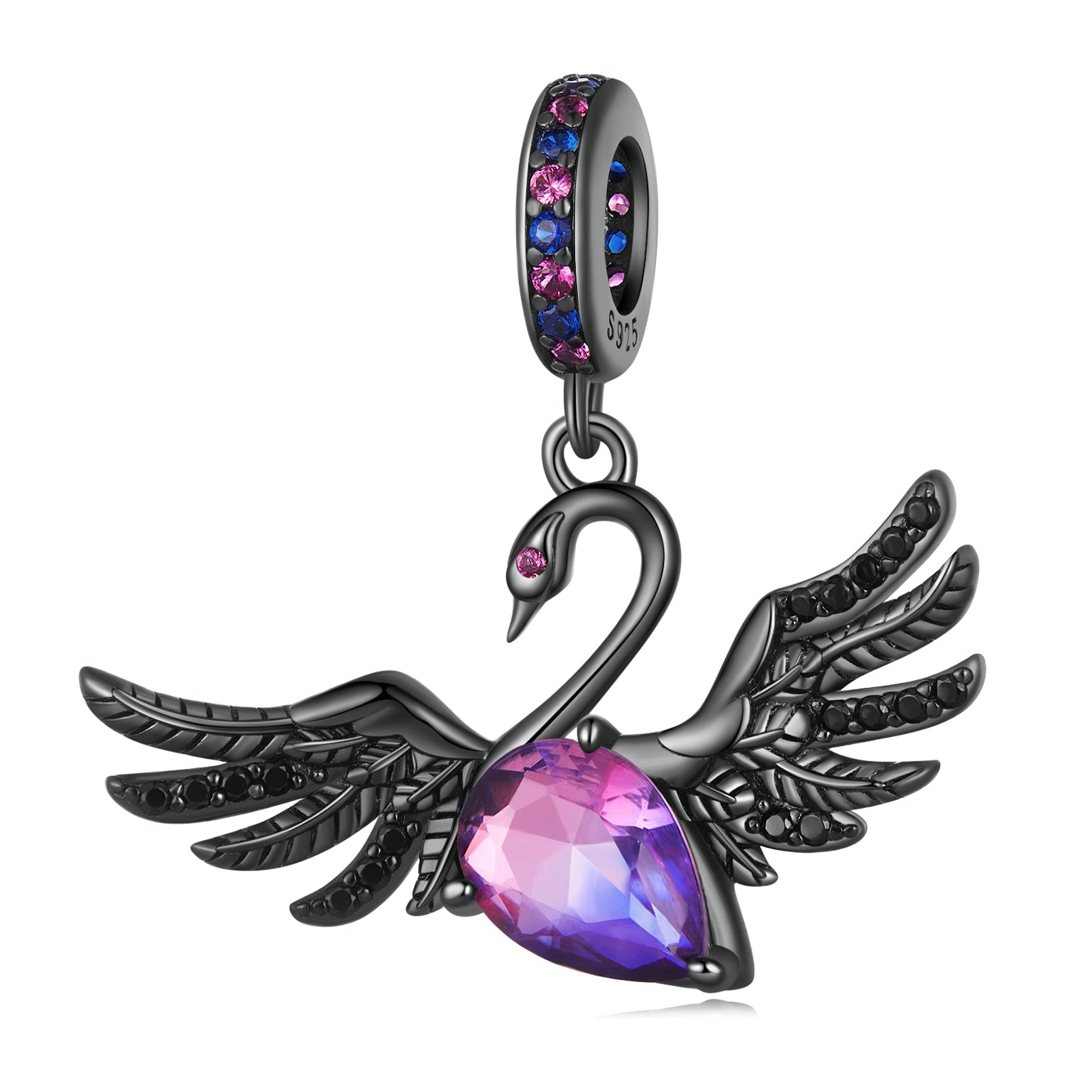 Silver Pendant Black Swan Pink CZ Dangle Charm For Sale - sursenso Pendant