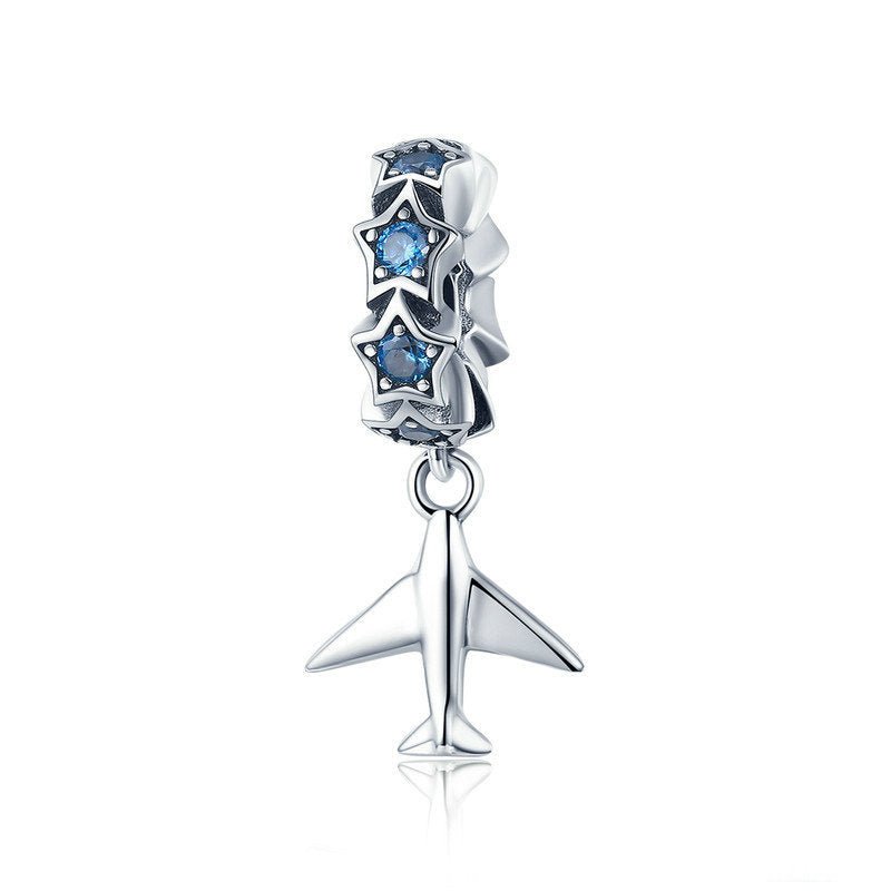 Silver Pendant Blue Stackable Dazzling Travel Plane CZ Dangle Charm For Sale - sursenso Pendant