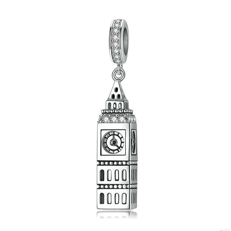 Silver Pendant British Big Ben Building CZ Dangle Charm For Sale - sursenso Pendant