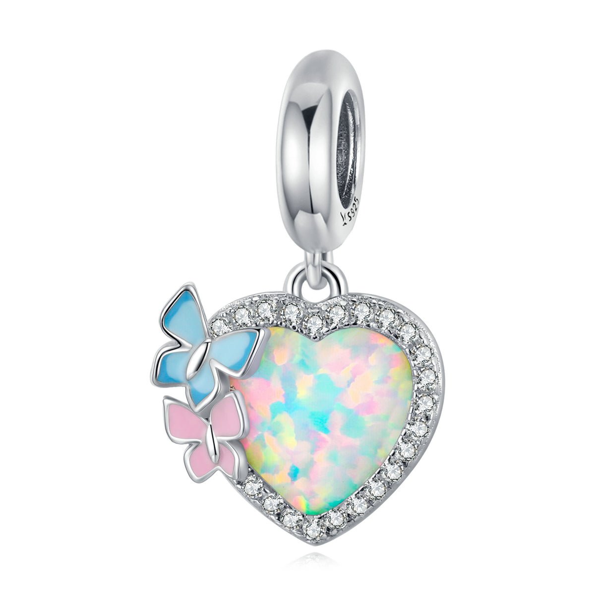 Silver Pendant Butterfly Opal Heart CZ Dangle Charm For Sale - sursenso Pendant