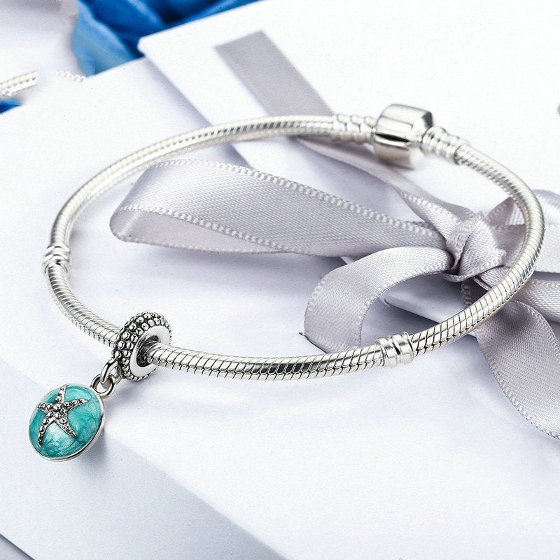 Silver Pendant Clear CZ Starfish and Sea Green Enamel Dangle Charm For Sale - sursenso Pendant