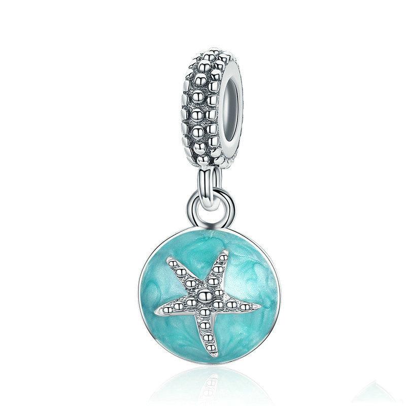 Silver Pendant Clear CZ Starfish and Sea Green Enamel Dangle Charm For Sale - sursenso Pendant