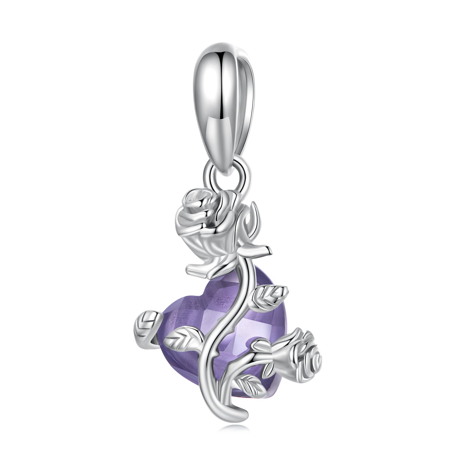 Silver Pendant Elegance Rose Purple Heart CZ Dangle Charm For Sale - sursenso Pendant