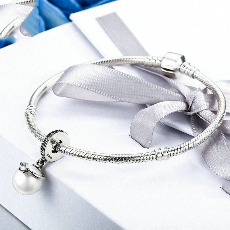 Silver Pendant Elegant Pearl and Clear Crown CZ Dangle Charm For Sale - sursenso Pendant