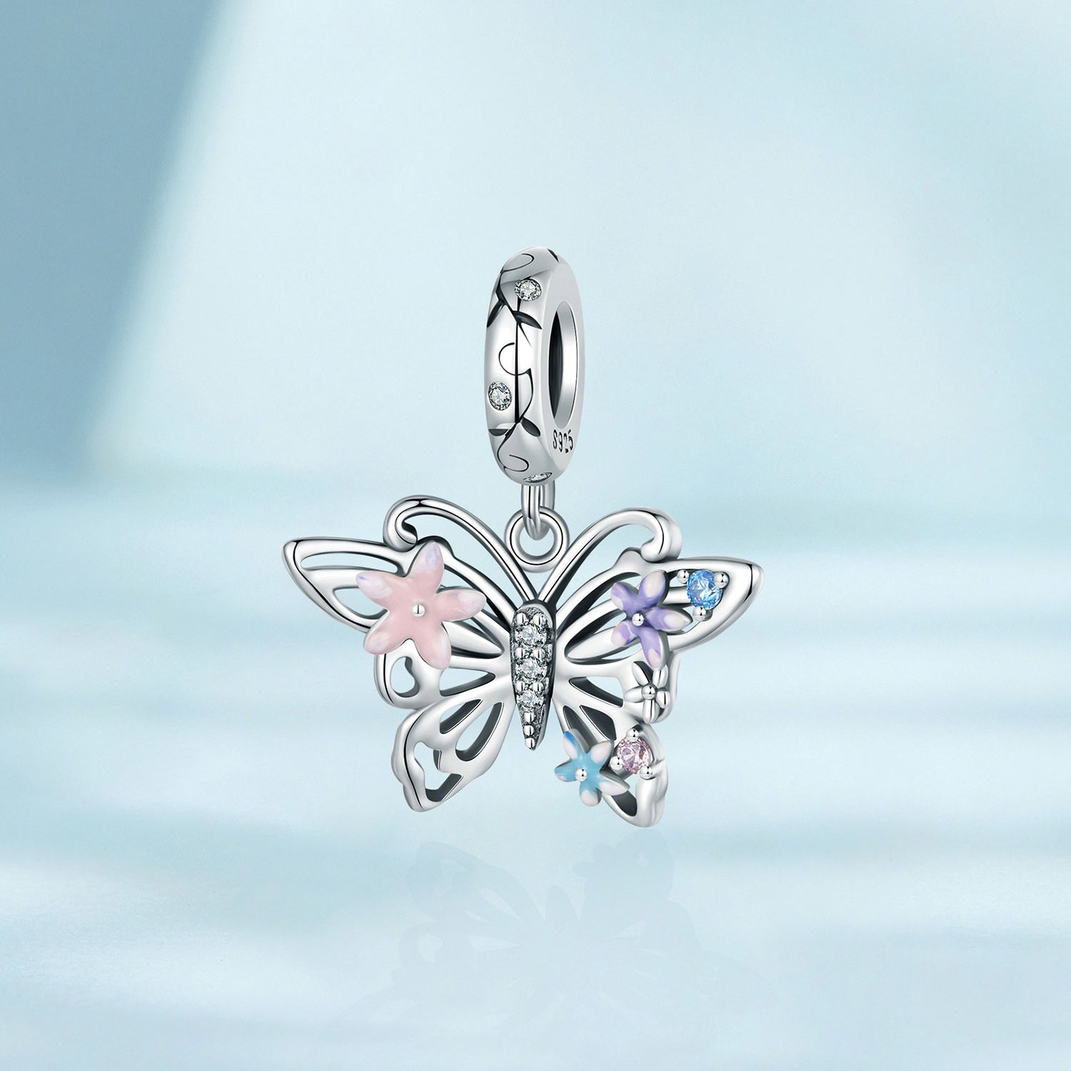 Silver Pendant Flower Hollow Butterfly CZ Dangle Charm For Sale - sursenso Pendant