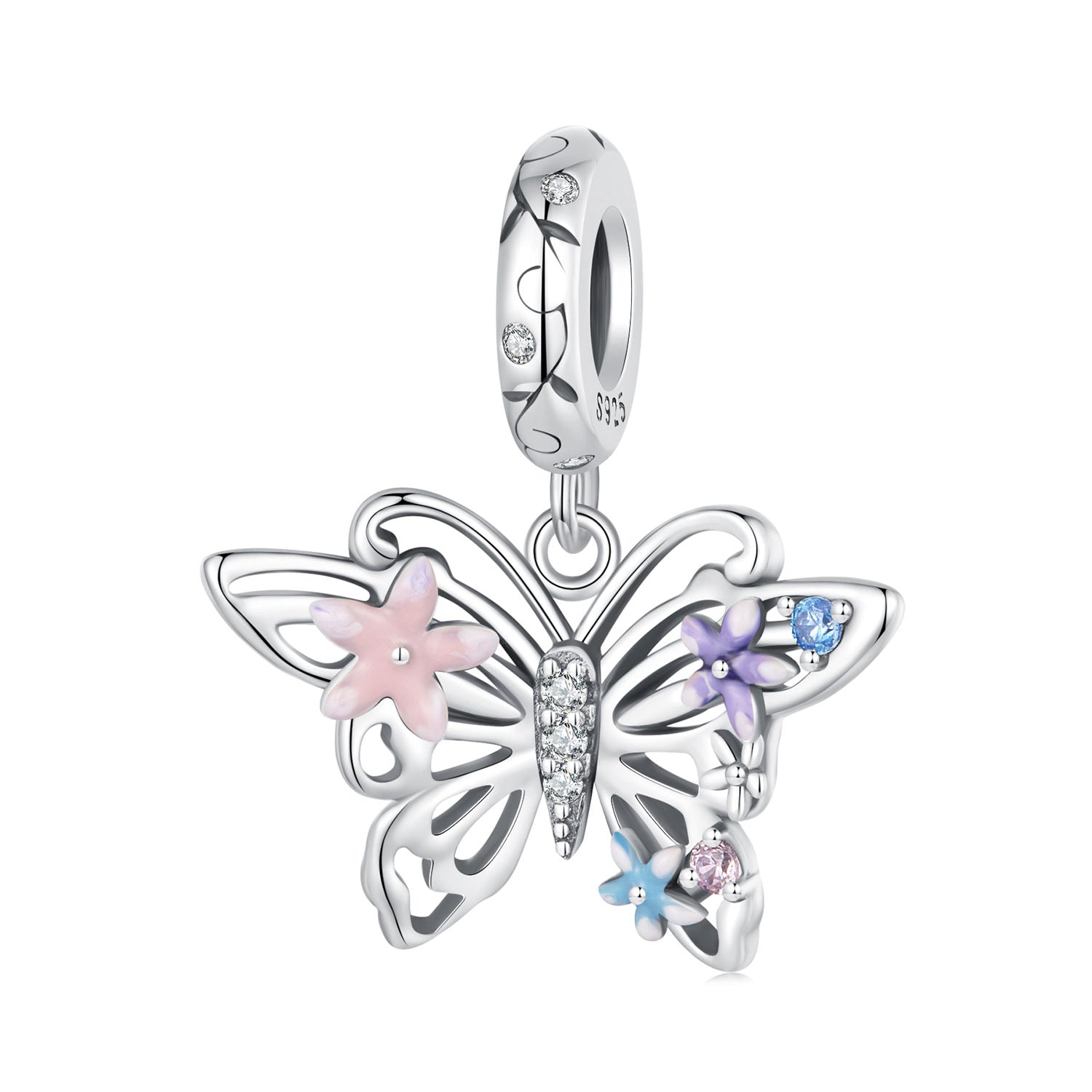 Silver Pendant Flower Hollow Butterfly CZ Dangle Charm For Sale - sursenso Pendant