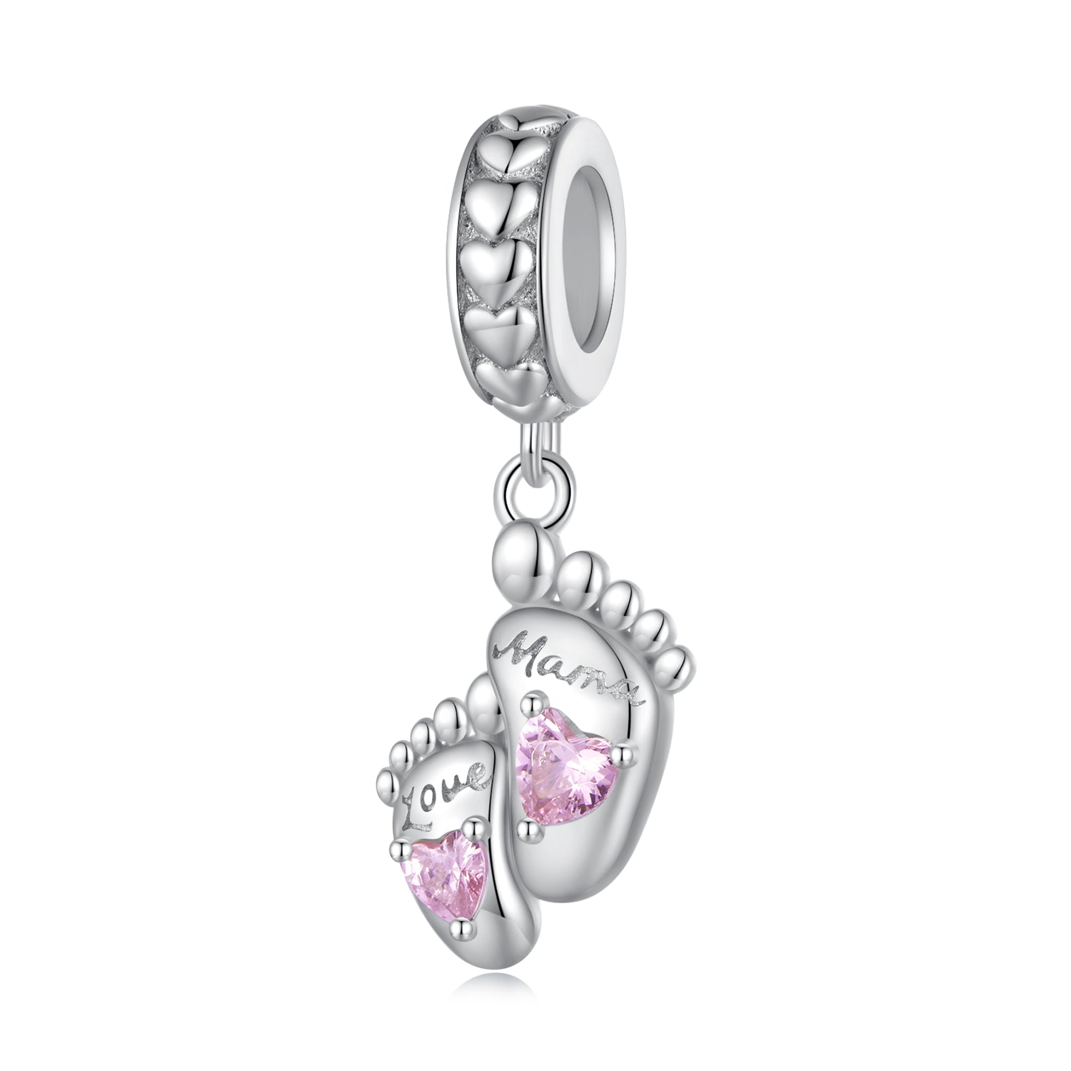 Silver Pendant Footprints of Mama Love Pink CZ Dangle Charm For Sale - sursenso Pendant