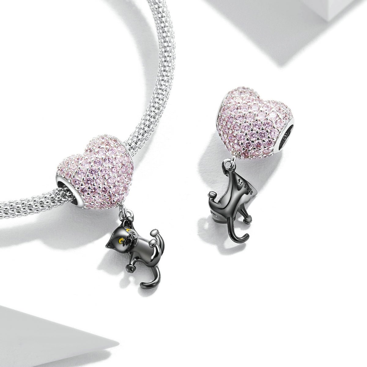 Silver Pendant Heart Balloon & Black Cat CZ Dangle Charm For Sale - sursenso Pendant