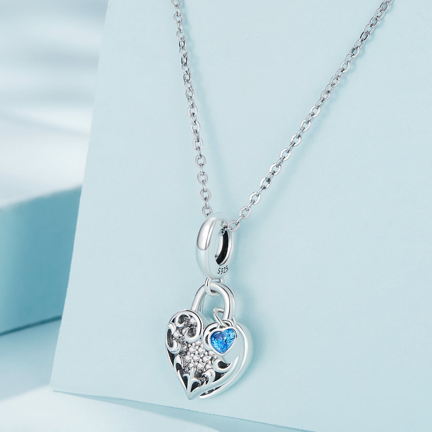 Silver Pendant Heart Lock Blue CZ Dangle Charm For Sale - sursenso Pendant